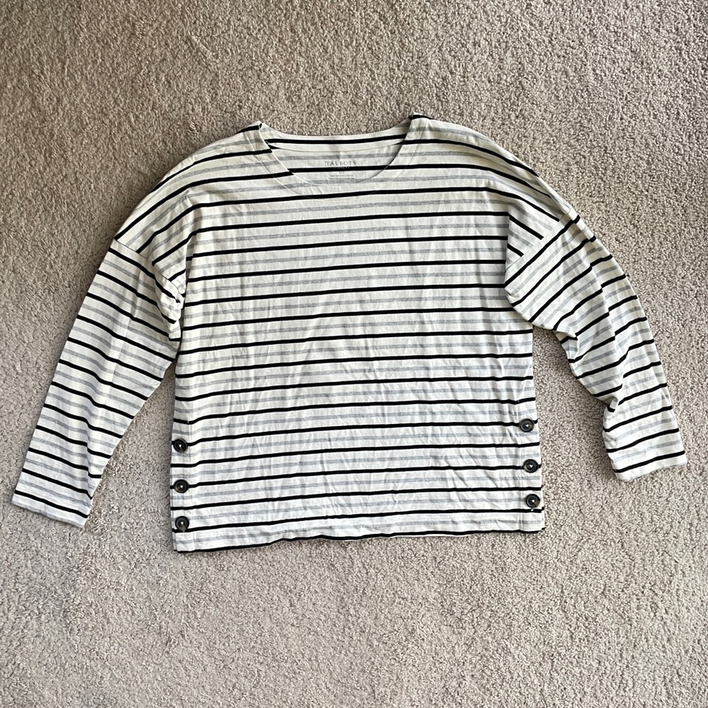 Talbots Black White Striped Cotton Long Sleeve Top Size Petite XL Buttons Gray - Picture 4 of 9